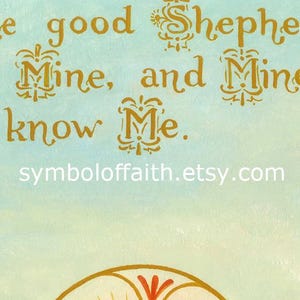 May include: A gold and white illustration of a shepherd with the text "The good Shepherd Mine, and Mine know Me." The illustration is on a light blue background with the website symbol of faith.etsy.com at the bottom.