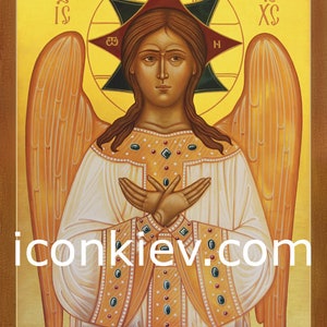 May include: An icon depicting an angel with golden wings and a halo. The angel is wearing a white robe with gold and red embellishments. The icon has a yellow background with the text "iconkiev.com" at the bottom.