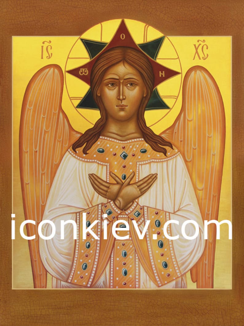 May include: An icon depicting an angel with golden wings and a halo. The angel is wearing a white robe with gold and red embellishments. The icon has a yellow background with the text "iconkiev.com" at the bottom.