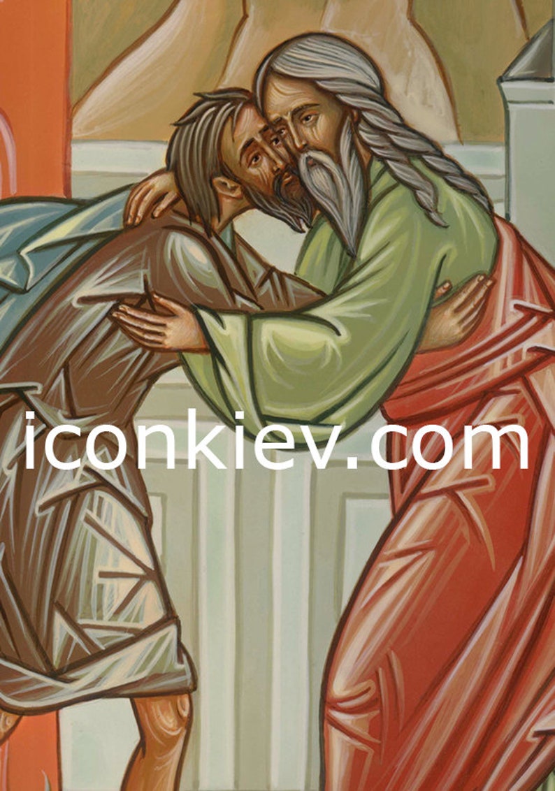 May include: A painting of two men embracing. The man on the left is wearing a brown robe and the man on the right is wearing a green robe with a red undergarment. The painting is in a traditional style and has a warm color palette.