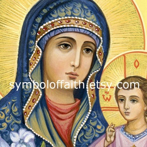 May include: A hand-painted icon depicting the Virgin Mary and baby Jesus. Mary is wearing a blue robe with gold trim and a red undergarment. Jesus is wearing a pink robe and holding a globe. The icon is set against a gold background.