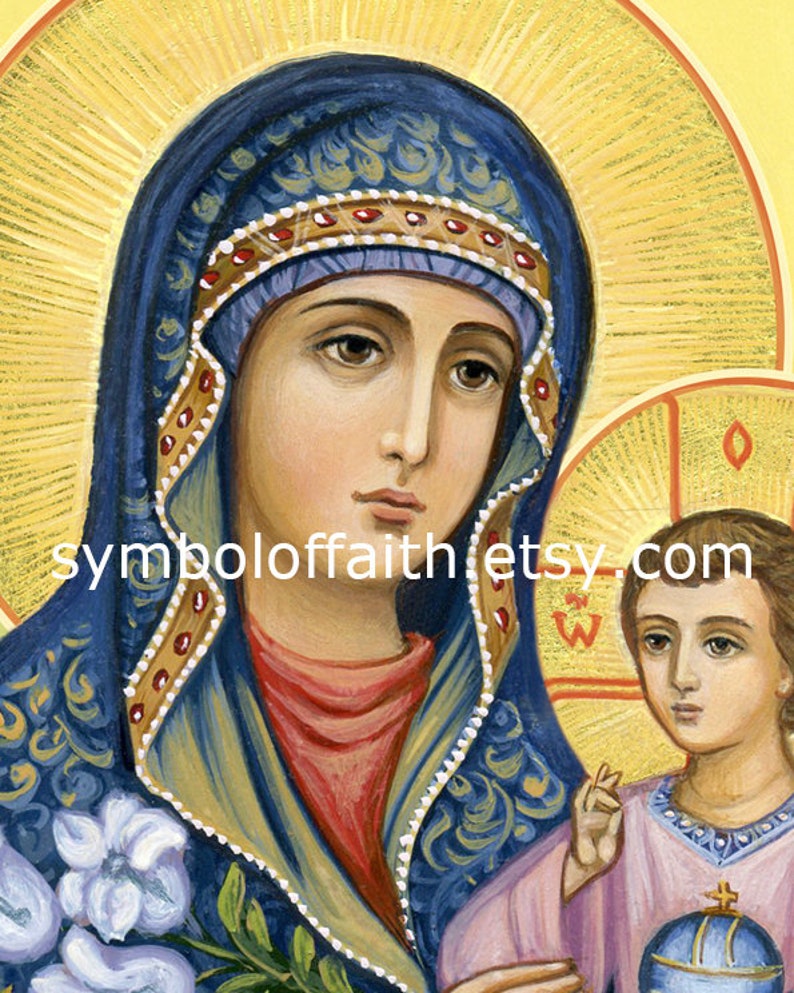 May include: A hand-painted icon depicting the Virgin Mary and baby Jesus. Mary is wearing a blue robe with gold trim and a red undergarment. Jesus is wearing a pink robe and holding a globe. The icon is set against a gold background.