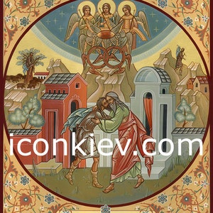 May include: A religious icon depicting the parable of the prodigal son. The icon features a father embracing his son, who has returned home after being lost. The icon is painted in a traditional style with vibrant colors and intricate details. The text at the bottom reads "Your brother was dead, and is alive again. He was lost, and is found."