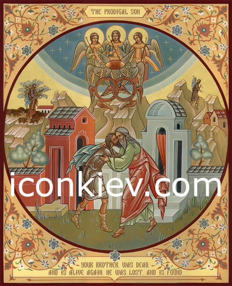 May include: A religious icon depicting the parable of the prodigal son. The icon features a father embracing his son, who has returned home after being lost. The icon is painted in a traditional style with vibrant colors and intricate details. The text at the bottom reads "Your brother was dead, and is alive again. He was lost, and is found."
