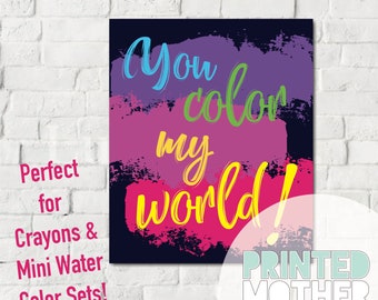 You Color My World | PDF Printable Gift Tag | Crayon or Watercolor Party Favor | Classroom Gifts | Instant Download