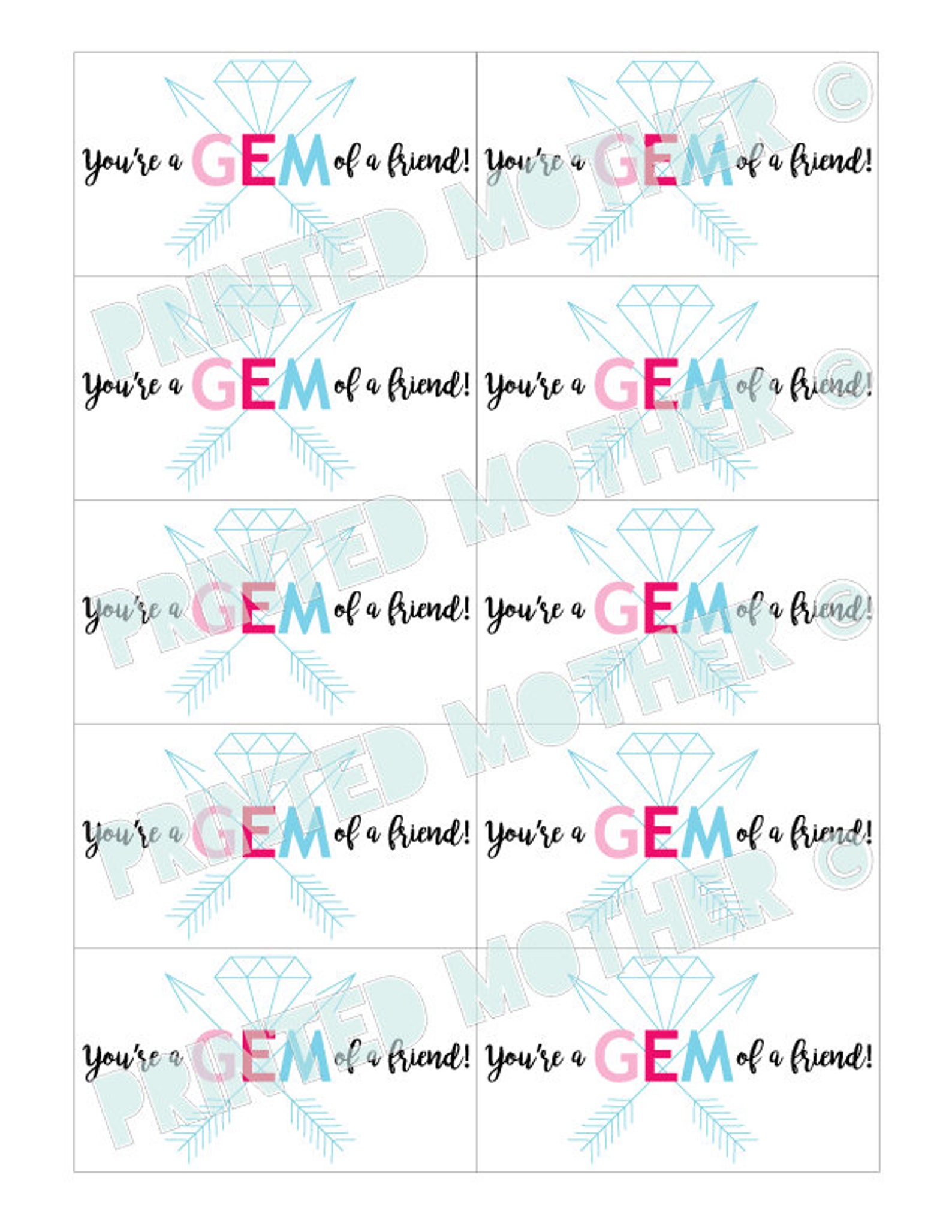 You're a GEM of a Friend Printable PDF Gift Tags Valentine Classroom