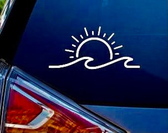 Sun decal, sun wave sticker, beach decal, beachy sticker with wave, wave sticker for car