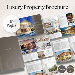 Peut inclure: Brochure de luxe pour propriétés immobilières, présentant des maisons et intérieurs modernes. La couverture affiche le texte "Luxury Property Brochure" et "Ajax Crescent". La brochure compte 10 pages et inclut le texte "Where Luxury Lives".