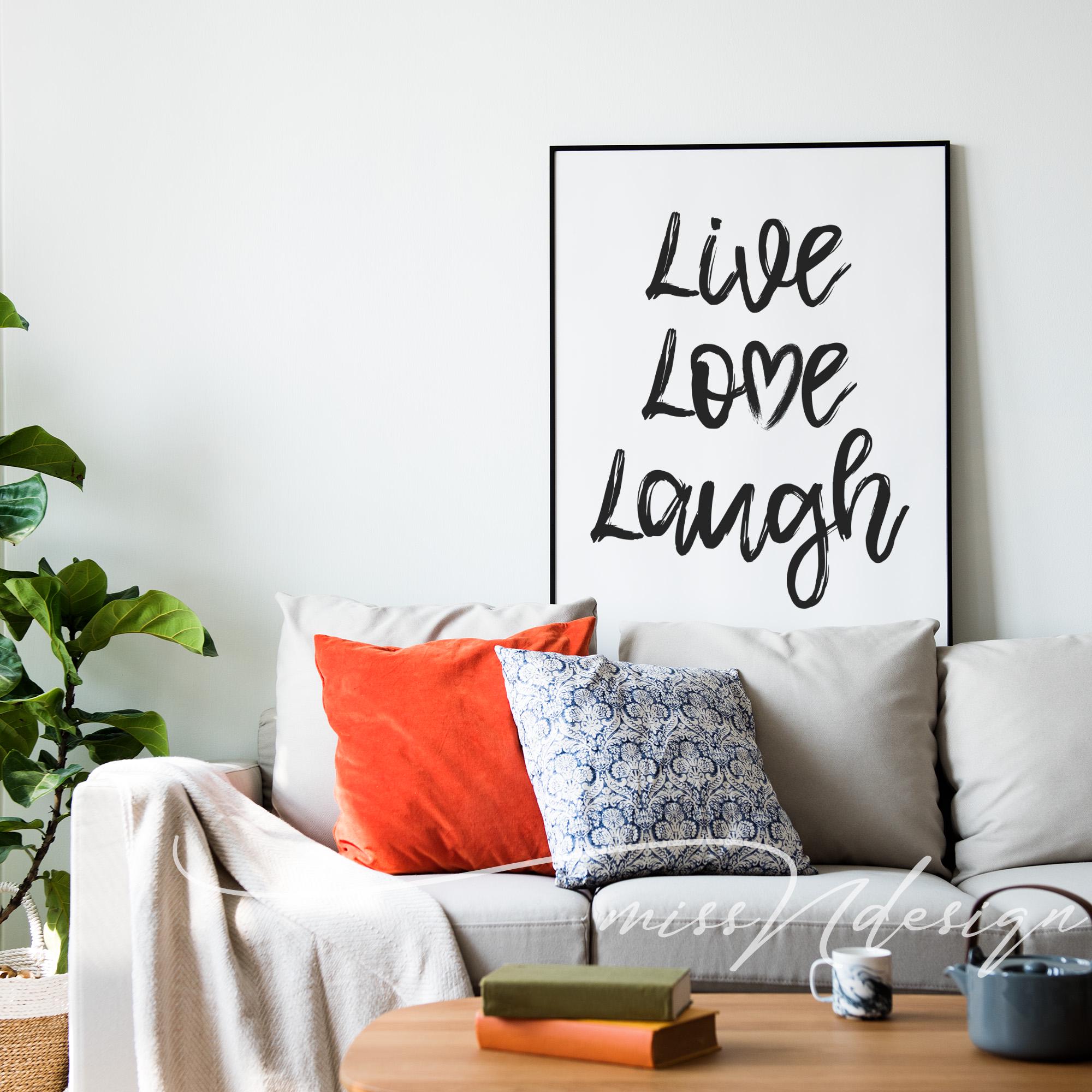 Live Love Laugh Printable Wall Art, Black White Typography Print