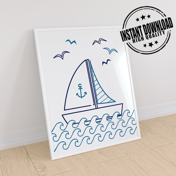Nautical nursery print boats new baby boy gift personalised bedroom wall art