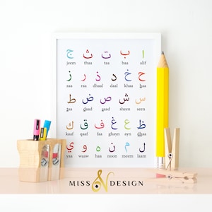 Arabic alphabet printable wall art for kids room, colorful Arabic alphabet print, Arabic language learning, Arabic teaching, Arabic letters.