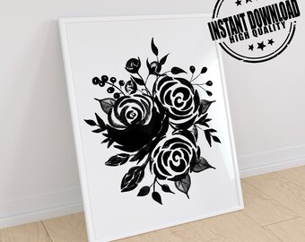 Stampa di rose nere, arte in bianco e nero, rosa gotica, stampa artistica floreale, stampa floreale nera, arte murale floreale nera, rose nere, decorazione floreale.