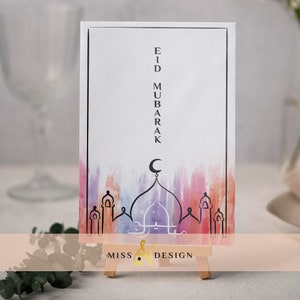 Cartão imprimível Eid, cartões Eid, cartão Eid para imprimir, cartões islâmicos, decoração Eid, impressões Eid, baixar cartão Eid, cartão aquarela Eid