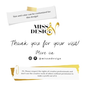 Puede incluir: Fondo blanco con el texto "MISS DESIGN" en negro y dorado. El texto "Thank you for your visit!" est&aacute; escrito en cursiva. Tambi&eacute;n est&aacute; presente el texto "Size and color can be customized for this design!".
