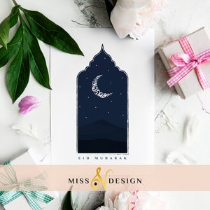 Ilustração Cartão Eid, Eid Mubarak, decoração Eid, ilustração do Saara, presentes Eid, cartão islâmico imprimível, بطاقة عيد