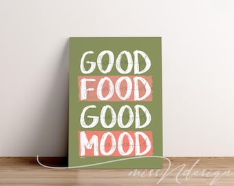 Good food good mood printable, Kitchen wall art printable, Brush lettering kitchen print, Foodie quote poster digital, Good mood typography