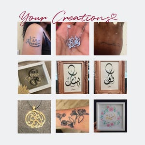 May include: A collage of custom Arabic calligraphy items including a temporary tattoo on an arm, a silver name necklace, a hand tattoo, framed black ink calligraphy, a gold circular pendant, a floral tattoo, and a framed gold name print.