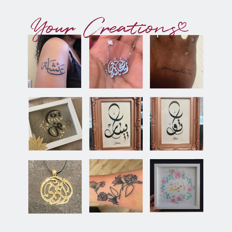 May include: A collage of custom Arabic calligraphy items including a temporary tattoo on an arm, a silver name necklace, a hand tattoo, framed black ink calligraphy, a gold circular pendant, a floral tattoo, and a framed gold name print.