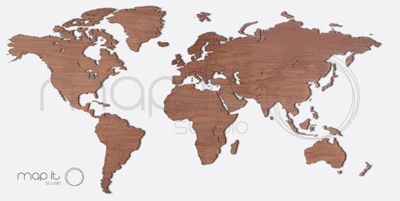 Noyer Carte Du Monde Détaillée En Bois De 10mm Dépaisseur Avec Les Frontières Des Pays Gravées Et Des épingles En Bois Nussbaum