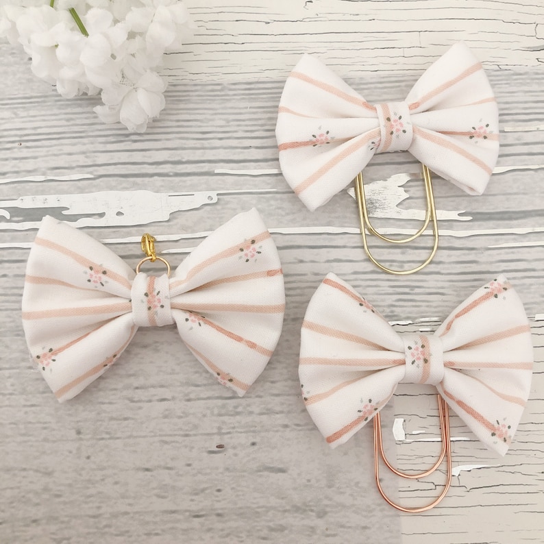 Pink striped fabric bow clip image 1