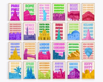 Retro Travel Poster Set 24, Colorful Travel Wall Art Prints, Digital Download