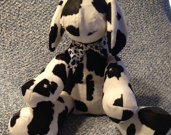 Fuzzy cow print hand made stuffed dog. Very soft and furry. Black and white and adorable all over