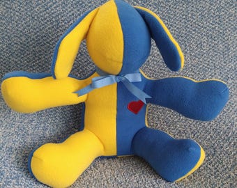 Ukraine flag stuffed fleece dog. Inspired by the courage of the people of Ukraine