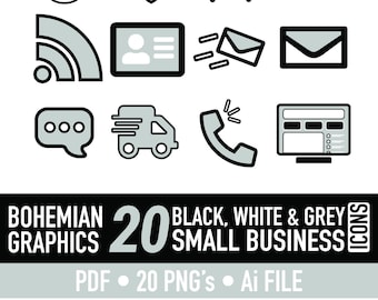 Iconos de negocios, conjunto de iconos negros, iconos de pequeñas empresas, iconos de oficina, 20 iconos, iconos editables, iconos en blanco y negro, iconos negros personalizados