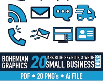 Iconos de negocios, conjunto de iconos azules, iconos de pequeñas empresas, iconos de oficina, 20 iconos, iconos editables, iconos de negocios personalizados, iconos azules personalizados
