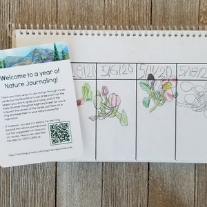 May include: A spiral-bound nature journal with a welcome card. The card features a mountain landscape and text: "Welcome to a year of Nature Journaling!" The journal pages have dates and drawings of plants.
