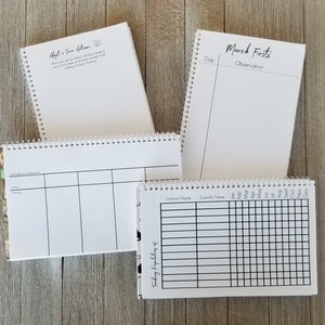 May include: Four white spiral-bound notebooks with black text on the pages. The notebooks have different layouts, including a chart for tracking population, a page for observations, and a page with the text "Adopt a Tree Autumn".