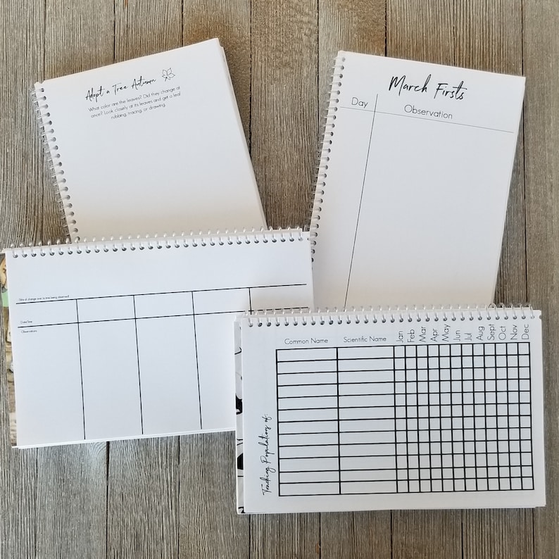 May include: Four white spiral-bound notebooks with black text on the pages. The notebooks have different layouts, including a chart for tracking population, a page for observations, and a page with the text "Adopt a Tree Autumn".