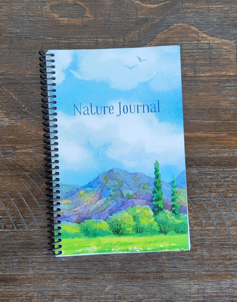 May include: A spiral-bound "Nature Journal" notebook. The cover features a watercolor painting of a landscape with mountains, trees, and a blue sky with clouds. The journal is on a wooden surface.