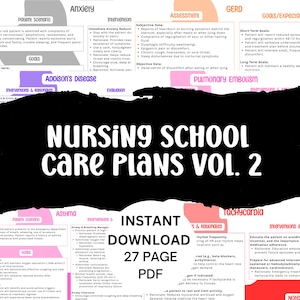 May include: A digital download titled "Nursing School Care Plans Vol. 2" with a black banner across the center. The PDF includes 27 pages of nursing care plans, with sections on anxiety, asthma, and other medical conditions.