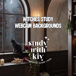 Puede incluir: Un fondo digital que muestra un estudio con una gran ventana arqueada, un gato negro, velas y estanterías llenas de libros y botellas de vidrio. El texto dice WITCHES STUDY WEBCAM BACKGROUNDS y study with kiy NURSING STUDY GUIDES + MORE.