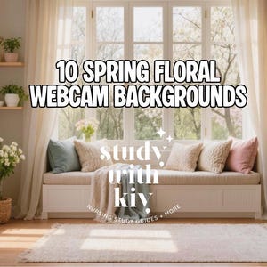 Puede incluir: Una habitación luminosa con una ventana, un banco con cojines y arreglos florales. El texto dice "10 Spring Floral Webcam Backgrounds" y "study with kiy". La habitación tiene una paleta de colores neutros con estanterías de madera y una alfombra.