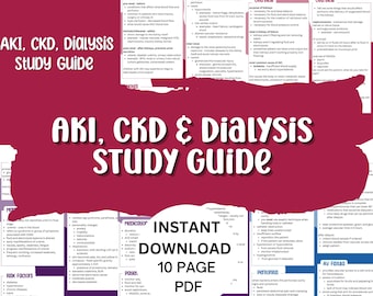 May include: A study guide titled "AKI, CKD & Dialysis Study Guide" with a maroon background. The guide includes text about acute kidney injury, risk factors, medication, and patient care. The guide is available for instant download as a 10-page PDF.
