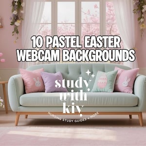 Peut inclure: Une pièce aux tons pastel avec un canapé vert clair et des coussins décoratifs. L'image présente des décorations de Pâques, notamment un panier d'œufs, des tulipes et une figurine de lapin. Le texte sur l'image indique "10 Pastel Easter Webcam Backgrounds".