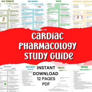 Puede incluir: Una guía de estudio roja y blanca para la farmacología cardíaca. La guía incluye información sobre los inhibidores de la ECA, los betabloqueantes, los nitratos y los agentes reductores del colesterol. La guía está disponible para descarga instantánea como un PDF de 12 páginas.
