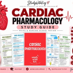 May include: A digital study guide for cardiac pharmacology featuring a red cover with the text Cardiac Pharmacology and StudyWithKiy. The set includes 14 pages of nursing resources, including charts on ACE inhibitors, beta-blockers, diuretics, and nitrates.