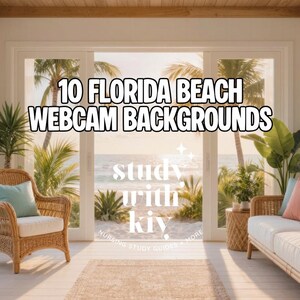 Könnte beinhalten: Ein heller, luftiger Raum mit Strandthema, mit einem Korbstuhl und Sofa sowie großen Fenstern mit Blick auf eine tropische Strandszene. Der Text "10 FLORIDA BEACH WEBCAM BACKGROUNDS" ist deutlich sichtbar.