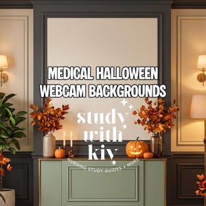 Peut inclure: Un graphique numérique avec le texte MEDICAL HALLOWEEN WEBCAM BACKGROUNDS et study with kiy. La scène montre une pièce avec deux squelettes en tenue médicale, des plantes en pot, des citrouilles orange et des appliques murales.