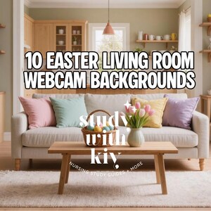 Peut inclure: Scène de salon avec décorations de Pâques. Un canapé avec des coussins pastel est placé devant une table basse en bois. Le texte "10 Easter Living Room Webcam Backgrounds" est affiché. Des lapins et des œufs de Pâques sont visibles.