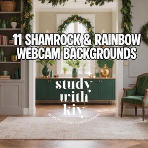 May include: Interior scene with a neutral color palette, featuring a living room and a study area. The image displays a bookshelf, a green cabinet, a sofa, and an armchair. Text on the image reads "11 Shamrock & Rainbow Webcam Backgrounds" and "study with kiv."