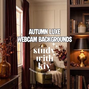 May include: A digital image featuring the text AUTUMN LUXE WEBCAM BACKGROUNDS and study with kiy. The scene displays a cosy room with a dark wood bookshelf, a green armchair, burgundy curtains, brass lamps, and autumn-themed decor like pumpkins.