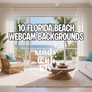 Può includere: Un soggiorno luminoso e arioso a tema costiero. La stanza presenta un divano bianco, una poltrona in vimini e un tavolino in legno. Il testo "10 FLORIDA BEACH WEBCAM BACKGROUNDS" è ben visibile. Opere d'arte e piante completano l'arredamento.