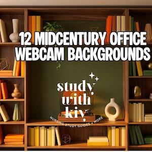 Könnte beinhalten: Ein Bücherregal aus Holz mit Büchern, Vasen und Pflanzen. Der Text "12 Midcentury Office Webcam Backgrounds" wird über dem mittleren Regal angezeigt. Der Text "study with kiy" wird auf dem mittleren Regal angezeigt. Warme Farben.