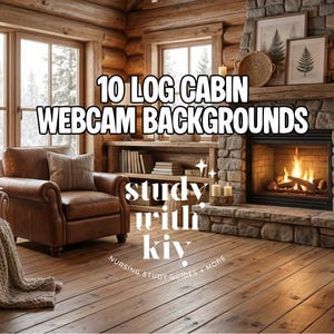 Peut inclure: Intérieur de chalet en bois avec cheminée, fauteuils en cuir et bibliothèques en bois. L'image présente le texte "10 LOG CABIN WEBCAM BACKGROUNDS" et le logo "study with kiy". La pièce est éclairée par une lumière chaleureuse, créant une atmosphère accueillante.