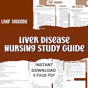 Könnte beinhalten: Ein Pflege-Leitfaden zum Thema Lebererkrankungen. Das Bild zeigt Text auf braunem Hintergrund, einschließlich des Titels "Liver Disease Nursing Study Guide" sowie Informationen zu Risikofaktoren, Pflege und Zielen. Sofortiger 6-seitiger PDF-Download.