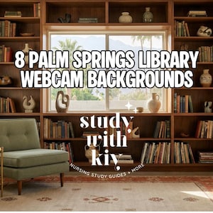 May include: A library interior with wooden bookshelves filled with books and ornaments. The image includes the text "8 Palm Springs Library Webcam Backgrounds" and "study with kiy". A green armchair and a lamp are in the foreground.